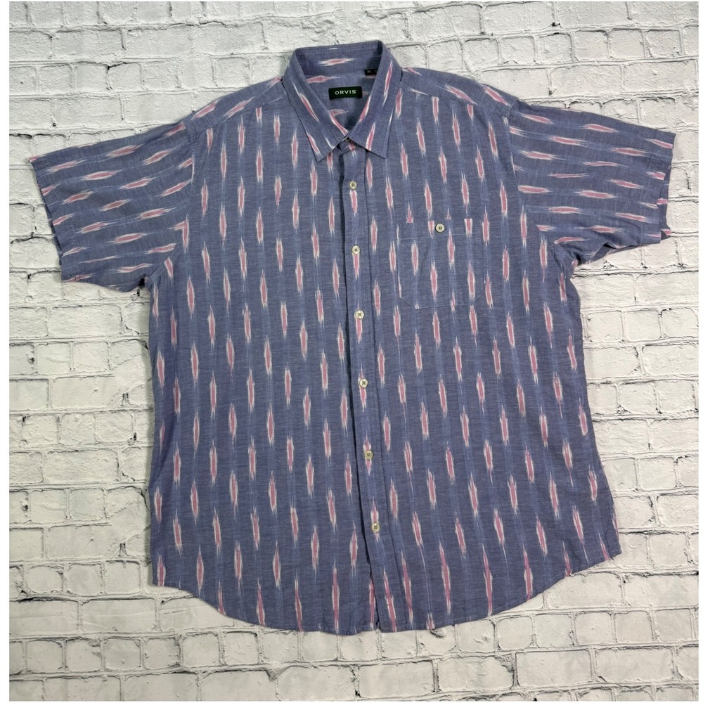 Orvis Shirt XL Ikat Short Sleeve Button Down Blue Pink Boho Coastal Gorpcore